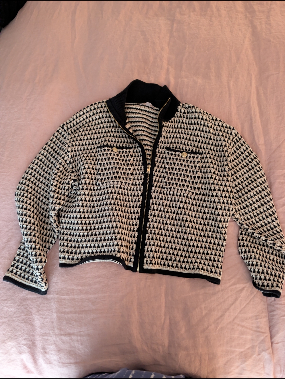 J.Crew Re-Imagined Cotton Textured Full-Zip Cardigan Jacket Black Cream XL NWOT